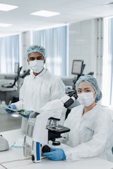 Two scientists in lab coats and masks researching at a microscope in a modern laboratory.